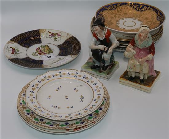 2 Staffs figures, Chamberlains plate, Derby & pair of peacock plates(-)